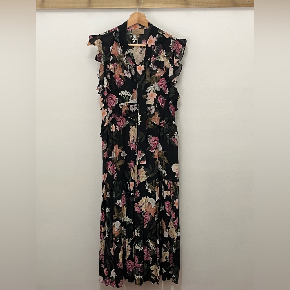 Floral Ruffle Maxi Dress in Black and Pink